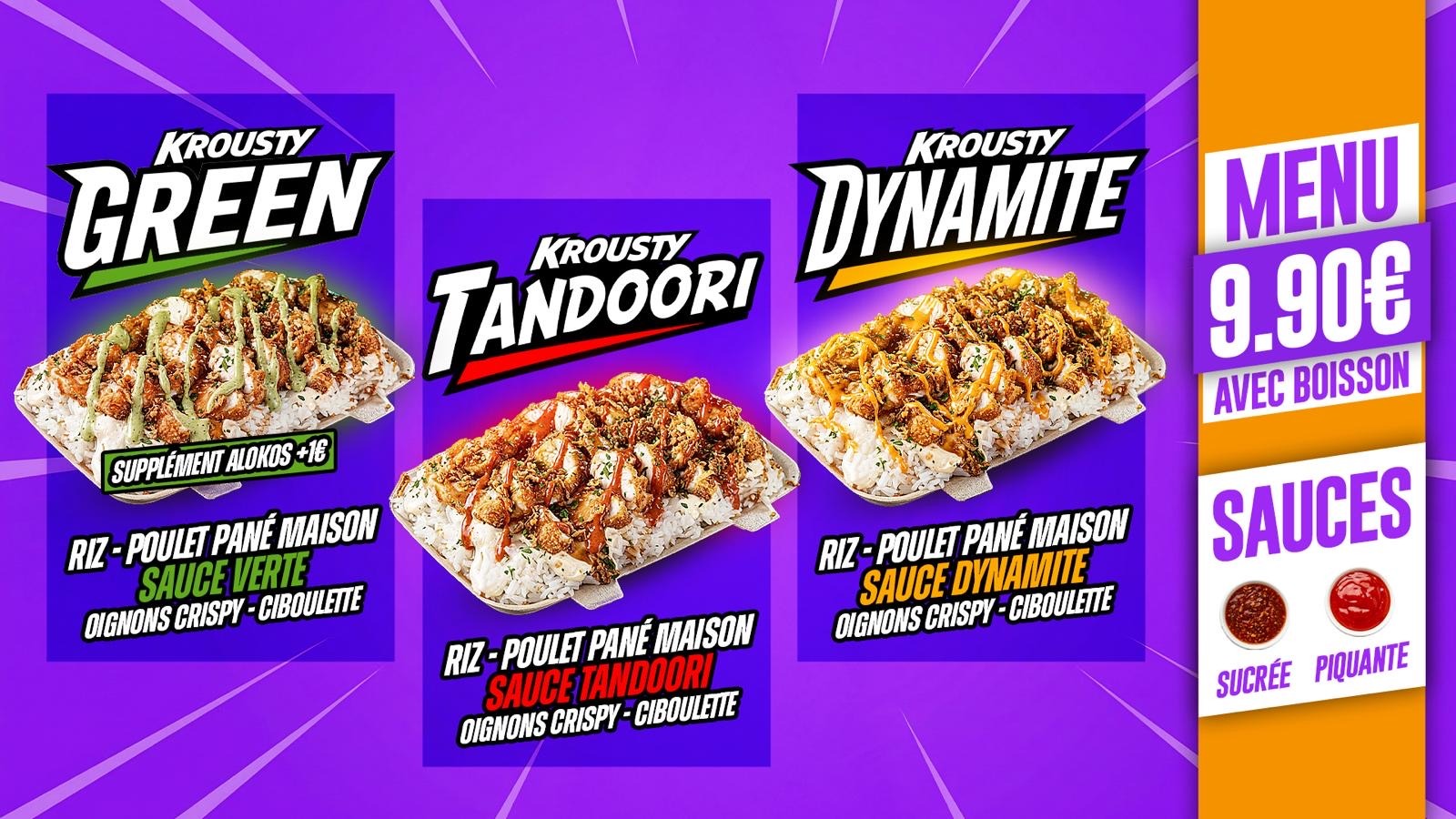 Krousty Green, Tandoori & Dynamite — Riz, poulet mariné et pané maison, sauce, oignons crispy, ciboulette. Menu 9.90€ avec boisson.