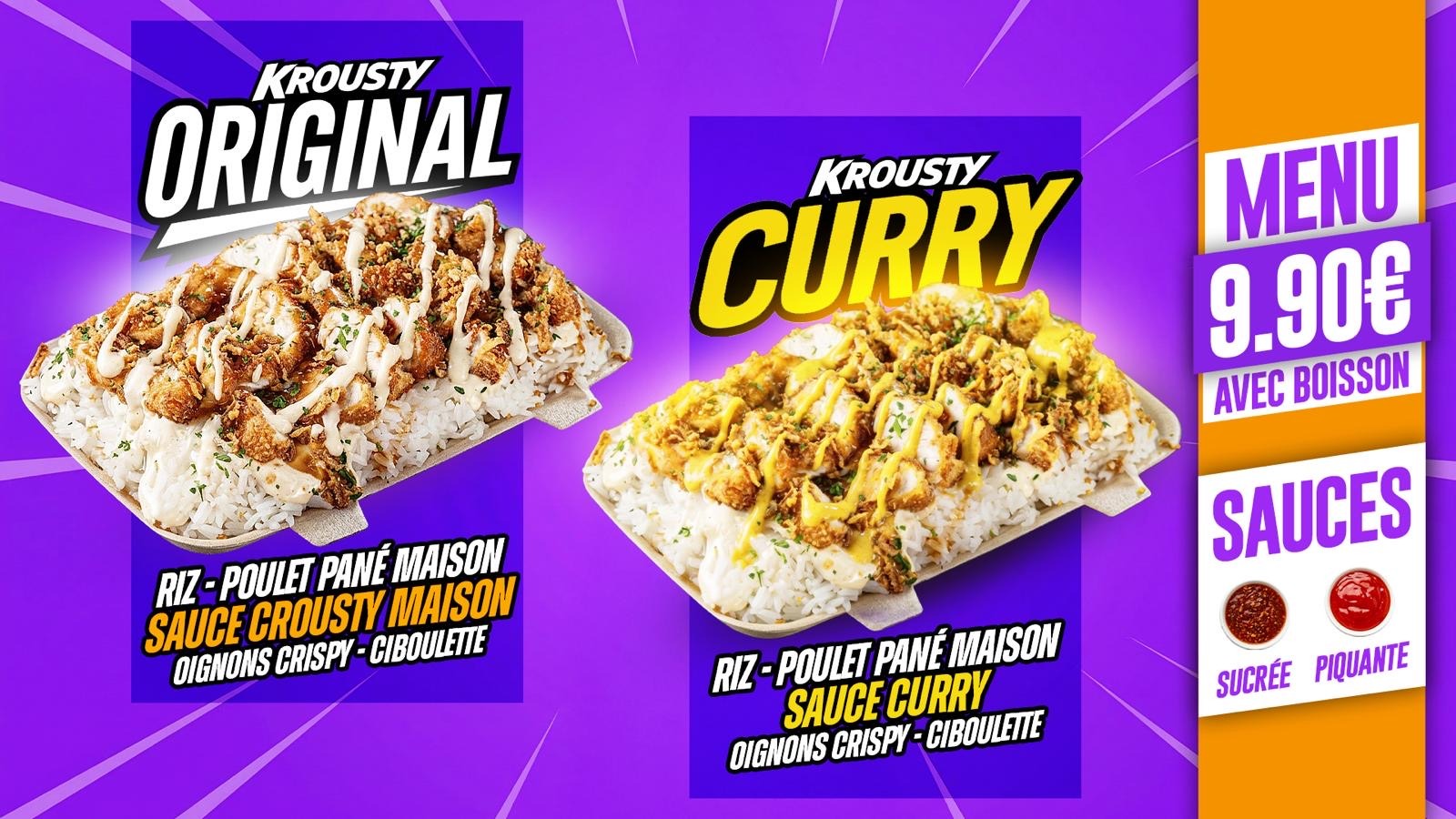 Krousty Original & Krousty Curry — Riz, poulet mariné et pané maison, sauce, oignons crispy, ciboulette. Menu 9.90€ avec boisson.