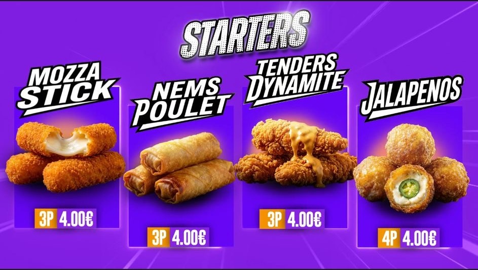 Starters Dely Krousty — Mozza Stick, Nems Poulet, Tenders Dynamite, Jalapenos. Dès 4€.
